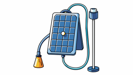 Poster - A solarpowered shower system consisting of a black plastic bag hose and shower head. The bag absorbs the suns heat to warm the water inside providing. Cartoon Vector.