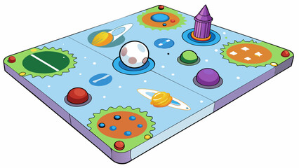 Poster - A spacethemed board game where players compete to colonize a newly discovered planet. The board features a vast colorful galaxy with different planets. Cartoon Vector.