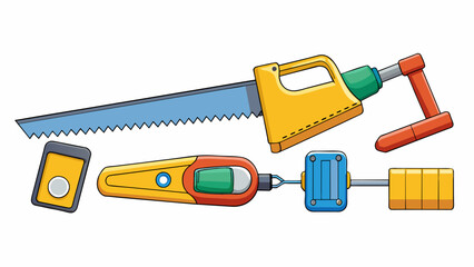 Fototapete - A small toy tool set consisting of a saw pliers and tape measure. The tools are made of durable metal and have a realistic look with textured handles. Cartoon Vector.