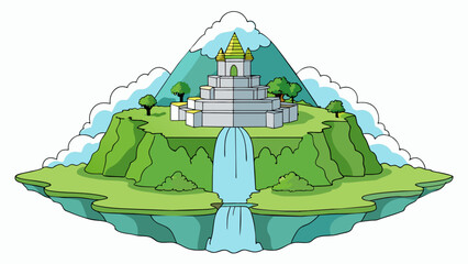 Poster - A solitary mountain stands tall against the endless sky its slopes covered in dense greenery and cascading waterfalls. At its peak a mystical mist. Cartoon Vector.