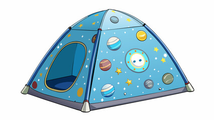 Poster - A spaceshipthemed play tent with a silver metallic cover and glowinthedark stars and planets. The tent is supported by sy plastic poles and has a. Cartoon Vector.