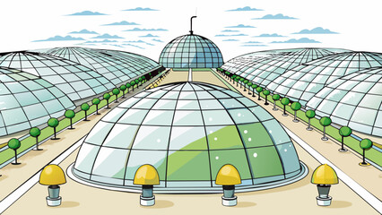 Poster - A sprawling agricultural dome filled with rows of cylindrical containers where various crops are grown. Bright LED lights simulate natural sunlight. Cartoon Vector.