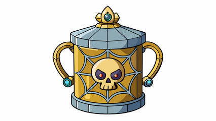 Sticker - A sy metal container with a large golden skull mounted on top as a handle. The lid is decorated with shimmering jewels inlaid in an intricate design. Cartoon Vector.