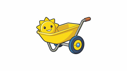 Poster - A sy plastic wheelbarrow painted in cheerful yellow and adorned with a smiling sun decal perfect for transporting toys rocks or other materials to and. Cartoon Vector.