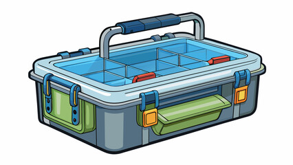 Fototapete - A tackle box consisting of a clear waterproof material. It has a zippered closure and a long shoulder s for carrying. Inside there are removable. Cartoon Vector.