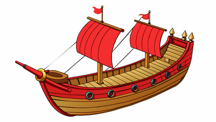 Wall Mural - A sy ship with a broad wooden hull and a single mast rising high into the sky. The sails are a deep shade of red adorned with intricate designs and. Cartoon Vector.