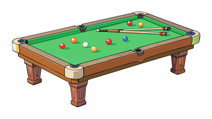 Aufkleber - A sy table with four sy legs covered in green felt and surrounded by cushioned bumpers. Small white and colored balls are tered across the surface and. Cartoon Vector.