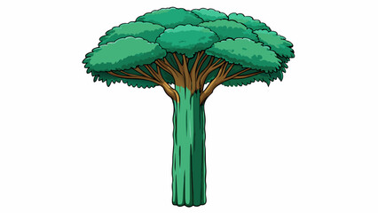 Fototapete - A tall and slender tree with a sprawling canopy of glossy dark green leaves. Its trunk is smooth and sy with some branches hanging low to the ground.. Cartoon Vector.