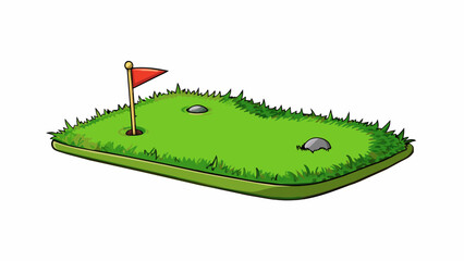 Poster - A synthetic green with a velvety texture perfectly mimicking real grass. It has a small flagstick planted in the center and strategically p bumps and. Cartoon Vector.