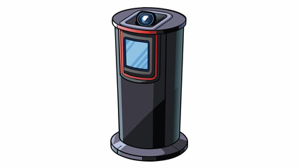 Sticker - A tall cylindrical device with a glossy black finish and a large curved screen on top. The base has a handshaped out with a camera lens in the center.. Cartoon Vector.