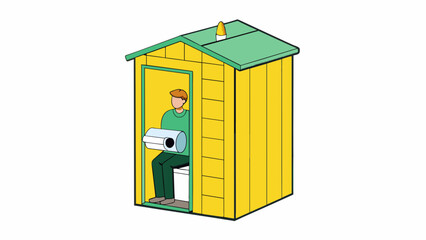 Poster - A tall rectangular cubicle with a yellow exterior and a dark green roof. The door is marked with a symbol of a person sitting on a and inside there is. Cartoon Vector.