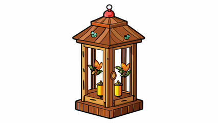 Aufkleber - A tall wooden lantern sits proudly on the porch beckoning visitors with its cheerful glow. Carved into its side are small birds and flowers adding a. Cartoon Vector.