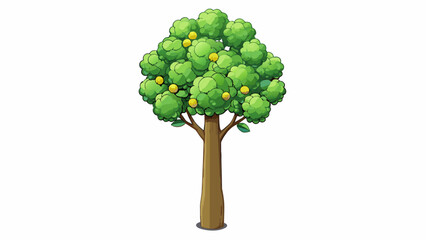 Fototapete - A tall tree with dark glossy leaves and an abundance of small fragrant flowers. Its branches are weighed down with s of plump green fruit that. Cartoon Vector.