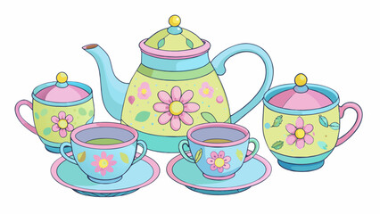 Leinwandbilder - A tea party set A plastic tea set including a teapot cups saucers and a sugar bowl. The teapot has a handle and spout for pouring pretend tea and the. Cartoon Vector.
