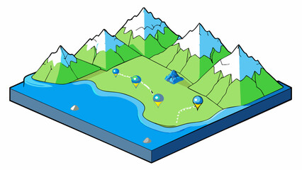 Aufkleber - A topographical map of a mountain range showing various elevation levels through contour lines. Rivers and lakes are represented by blue shading and. Cartoon Vector.