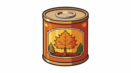 Poster - A tin can with a vintage label containing a thick caramelcolored syrup that oozes out in a slow steady stream. Its distinct woodsy scent evokes images. Cartoon Vector.