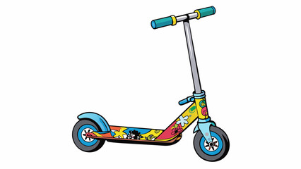 Canvas Print - A threewheeled kick scooter made from durable metal and covered in vibrant graffitistyle designs featuring a hand brake and adjustable height for. Cartoon Vector.