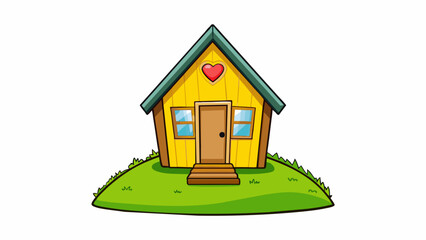 Poster - A tiny house with a sloped roof and a vibrant yellow exterior perched atop a grassy hill. The front door is tiny just big enough for one person to. Cartoon Vector.