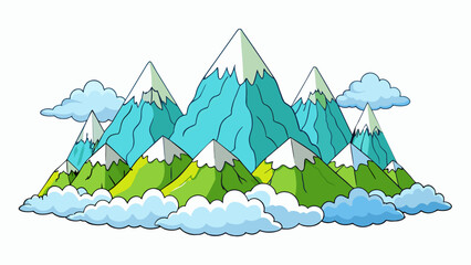 Canvas Print - A towering mountain range stretches as far as the eye can see its peaks covered in a blanket of thick clouds. These majestic giants are a testament to. Cartoon Vector.