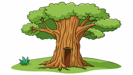 Poster - A towering ancient tree with a gaping hole in its trunk serves as the holeinone target. Golfers must navigate their ball through the twisting branches. Cartoon Vector.