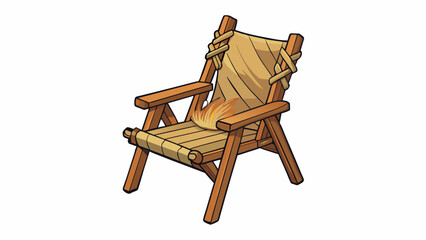 Poster - A traditional campfire chair made of wooden poles and woven ropes. It has a slanted backrest for a relaxed seating position and wooden armrests for. Cartoon Vector.