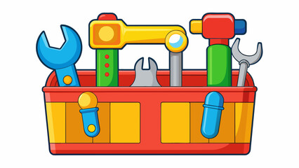 Poster - A toy tool set that includes a hammer screwdriver and wrench. Each tool is made of brightcolored plastic and has a comfortable grip for easy use. The. Cartoon Vector.