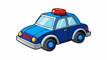 Poster - A toy police car with flashing red and blue lights and realistic siren sounds. The car has movable wheels and doors that open and close and is made of. Cartoon Vector.