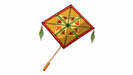 Poster - A traditional handcrafted kite made of thin paper and bamboo sticks decorated with intricate patterns and symbols soars high above the rooftops. . Cartoon Vector.