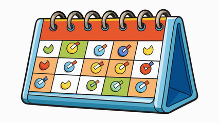 Fototapete - A traditional wall calendar with large bold numbers and colorful pictures for each month. The sy paper pages are held together by a metal spiral at. Cartoon Vector.