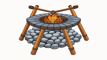 Poster - A traditional campfire grill made of natural wood with large stones p around the edges to hold the cooking grate in place. The grill has adjustable. Cartoon Vector.