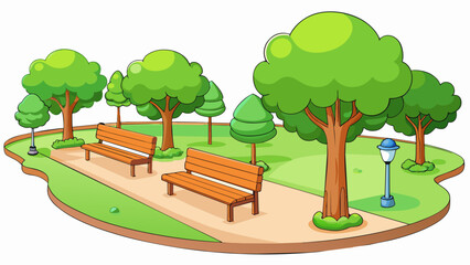 Poster - A tranquil park dotted with benches and shaded by leafy trees inviting passersby to sit and relax amidst the peaceful scenery.  on white background. Cartoon Vector.