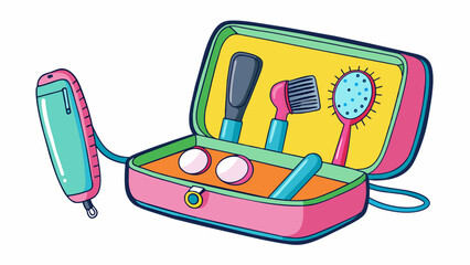Aufkleber - A travelsized hairdressing set featuring compact brushes a handheld mirror and a hair straightener that can be easily stored in its own colorful. Cartoon Vector.
