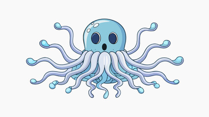 Aufkleber - A transparent ghostly shape pulsates through the water its numerous thin tentacles undulating in a hypnotizing rhythm.  on white background . Cartoon Vector.