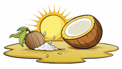 Poster - A tropical beach scene with a freshly cracked coconut lying on the warm sand. The white inside has been scooped out and used for cooking leaving. Cartoon Vector.