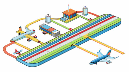 Poster - A transportation map of a busy airport with different colored lines to denote the various runways and taxiways. The terminals are labeled with letters. Cartoon Vector.