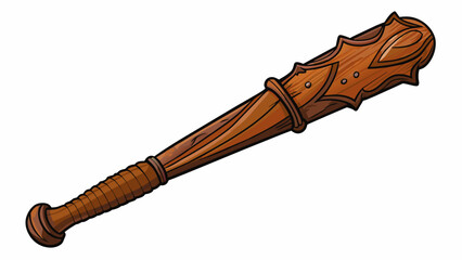 Poster - A vintage handcarved wooden bat with a unique rustic appearance. The handle is wrapped in worn leather strips for a better grip and the striking end. Cartoon Vector.