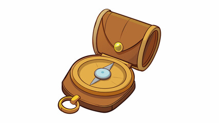 Poster - A vintage brass pocket compass with a hinged cover tucked inside a leather pouch. The compact design allows for easy portability and quick access for. Cartoon Vector.