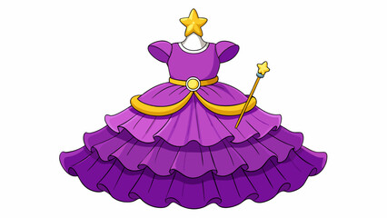 Poster - A vibrant purple dress with layers of ruffled tulle that give it a full and playful shape. The top of the dress is decorated with intricate beading. Cartoon Vector.