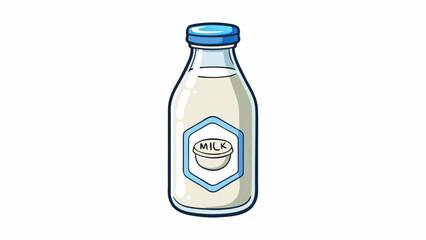 Sticker - A vintage milk bottle made of clear glass with a label that boasts of its freshness and purity. The liquid inside is thick and opaque with bits of. Cartoon Vector.