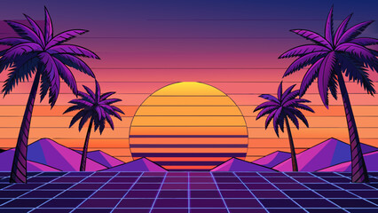 Poster - A vibrant sunset painting the sky with shades of pink purple and orange while towering palm trees stand silhouetted against the horizon. The tips of. Cartoon Vector.