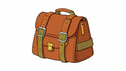 Sticker - A vintagestyle leather backpack with brass buckles and a top handle. It has a rustic look with several small pockets on the front giving it a trendy. Cartoon Vector.