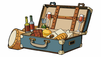 Poster - A vintage suitcaseturnedpicnic basket featuring a rusty metal exterior and faded stickers from various destinations. Once od the suitcase reveals a. Cartoon Vector.