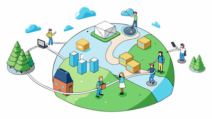 Fototapete - A virtual landscape filled with endless possibilities connecting people from all corners of the world.  on white background . Cartoon Vector.