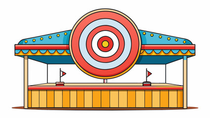 Fototapete - A vintage neon sign in the shape of a Bullseye hangs above a carnival game booth. Its vibrant colors and flashing lights lure players to take a shot. Cartoon Vector.