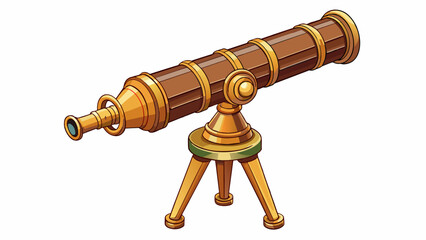 Fototapete - A vintage wooden telescope with intricate brass details on display in a museum. Its ancient design and delicate mechanisms tell the story of humanitys. Cartoon Vector.
