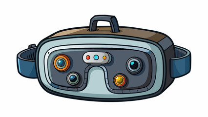 Sticker - A virtual reality headset that resembles a bulky circular helmet. It has a matte black finish with several sensors and cameras p around the device. A. Cartoon Vector.