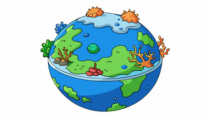 Poster - A watercovered planet with deep blue oceans dotted with large coral reefs.  on white background . Cartoon Vector.