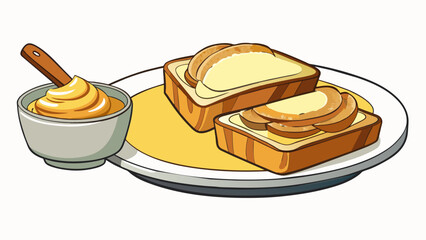 Poster - A warm and comforting breakfast spread featuring thick pieces of bread that have been steeped in a sweet vanillainfused custard and finished with a. Cartoon Vector.