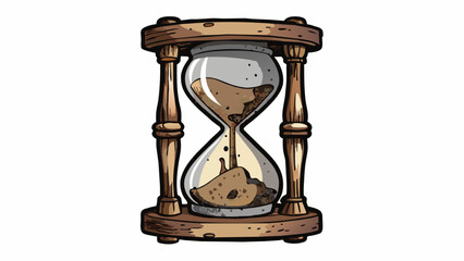 Poster - A weathered hourglass its wooden frame caked with layers of dust rests on a bookshelf. The sand inside is dark and co giving the object a sense of. Cartoon Vector.
