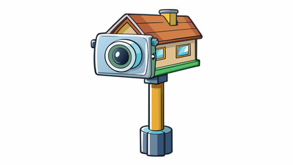 Poster - A weatherproof camera p in front of a residential house its slender body sitting atop a tall pole. It has a powerful zoom lens and is encased in a sy. Cartoon Vector.